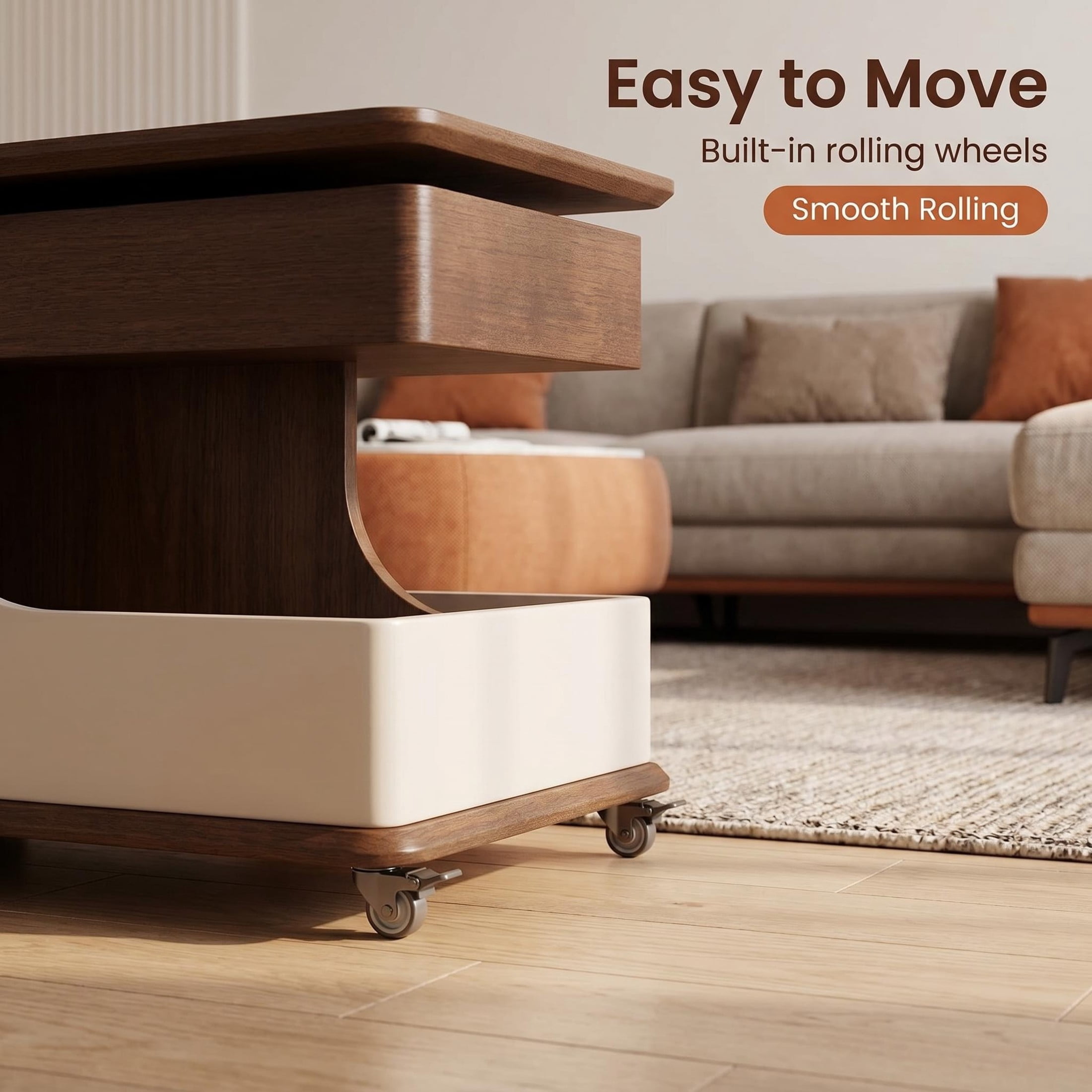 GDF Studio 27.6" Adjustable Lift-Top Side Table with Hidden Storage, 360° Swivel Top, White+Walnut