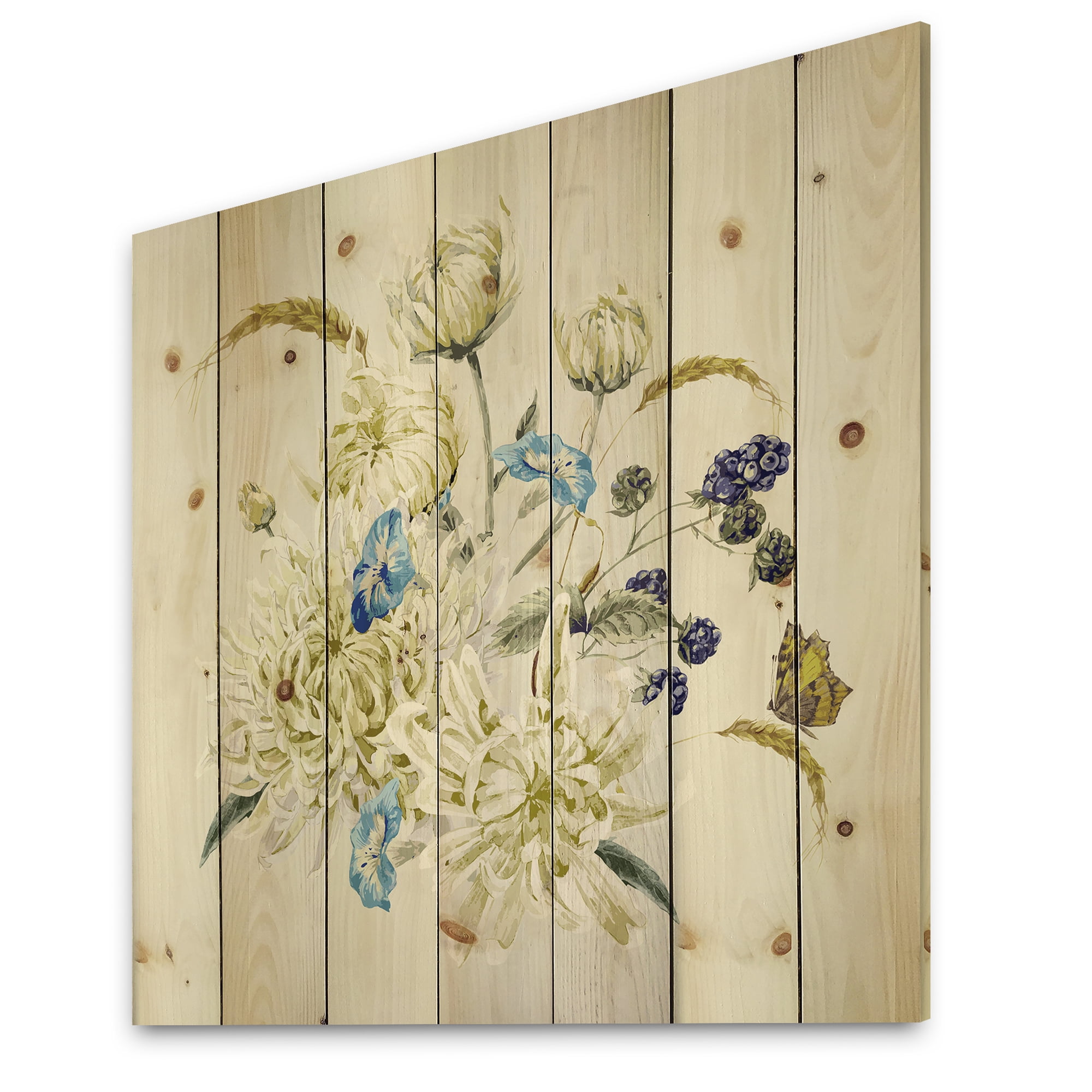 Designart 'Ancient Chrysanthemums With Bouquet II' Traditional Print on Natural Pine Wood