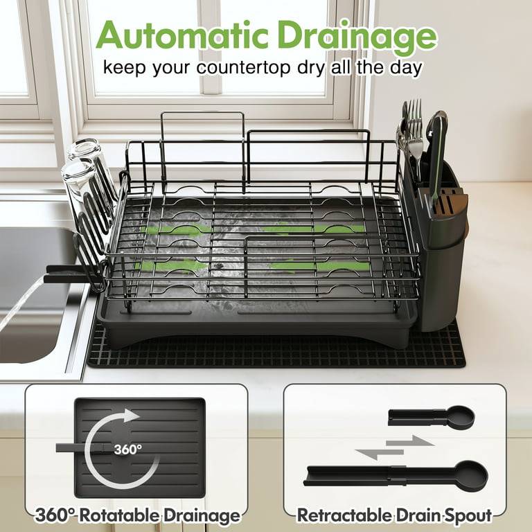 MAJALiS Dish Drying Rack, Dish Racks for Kitchen Counter, Dish Drainer with  Drainboard Set, Drying Mat, Glass & Utensil Holder, Durable Stainless