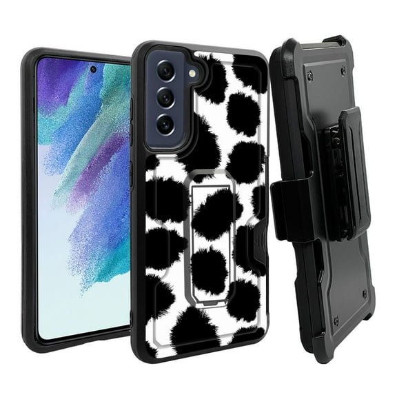 ANJ  Rugged Dual Layer Hybrid Holster Kickstand Case w/ Card Slot   Tempered Glass Cover for Samsung Galaxy S21 FE 5G - Cow Print