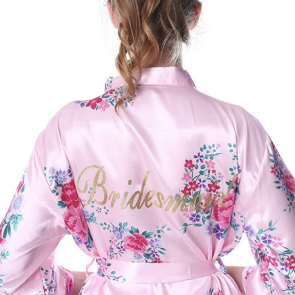 Mr & Mrs Right Satin Bridesmaid Kimono Robes Glitter Gold Print For Wedding Party -Pink