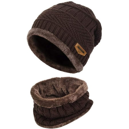 Sinhoon Mens Womens Winter Beanie Hats Scarf Set Warm Knit Hat Thick Fleece Lined Slouchy Cap Neck Warmer (Coffee)