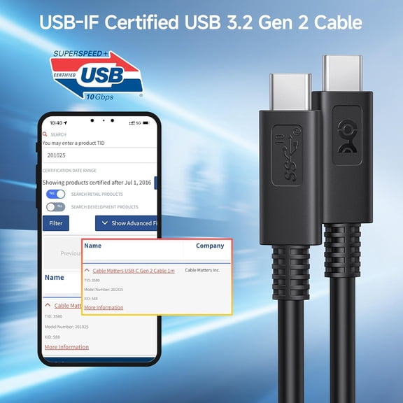 NDIUG-[USB-IF Certified] 10Gbps Gen 2 USB C Cable, 3.3ft/1m, Black