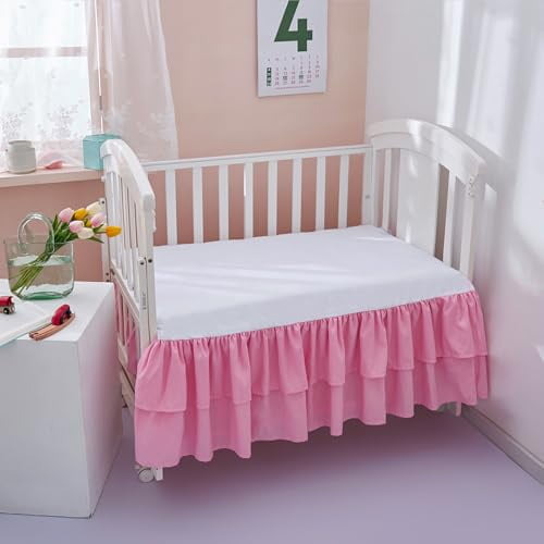 Pink Crib Bed Skirt 14 in Deep Drop Dust Ruffle Double Layer Microfiber Nursery Bedding Skirt for Baby Girls