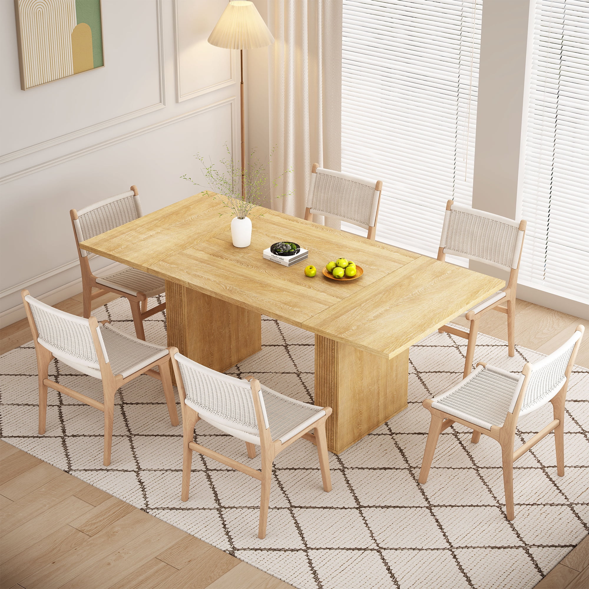 PHOYAL Beige Rectangle Dining Table for 6-8, Farmhouse Large Dining Table with Double Pedestal, 78.74"L, 39.37"W