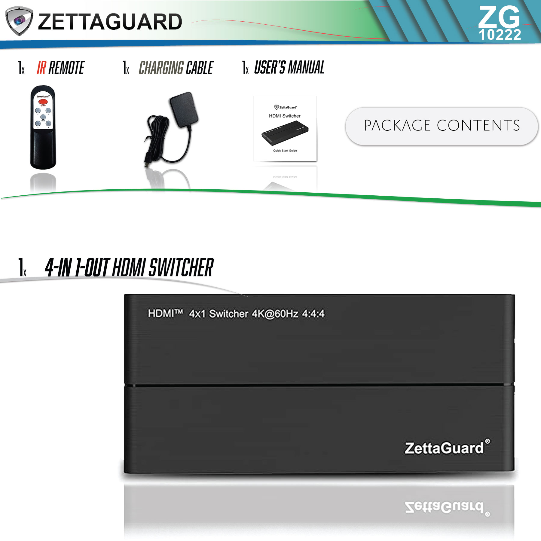 Zettaguard HDMI 2.0 Switcher Supports 4K HDR 4 Ports Hi-Speed 18Gbps HDCP 2.2, Auto-switching, IR Remote - Compatible with Apple Tv, Roku, Xbox/PS4, Blu-Ray, Macbook, Laptop, PC, TV for Home or Office - image 2 of 10