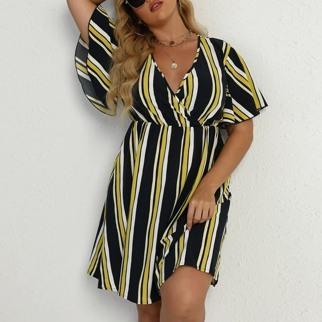 Robes Grande Taille pour Femmes Été Décontracté Manches Courtes Col en V Imprimé Robe Ample en Liquidation