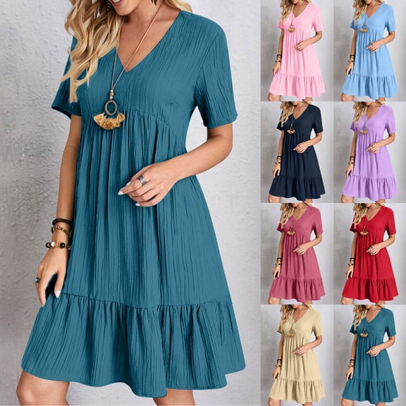THDHVS Plus Size Dresses,Dresses for Women,Summer V Neck Short Sleeve Dress Solid Color for Everyday Outings Red