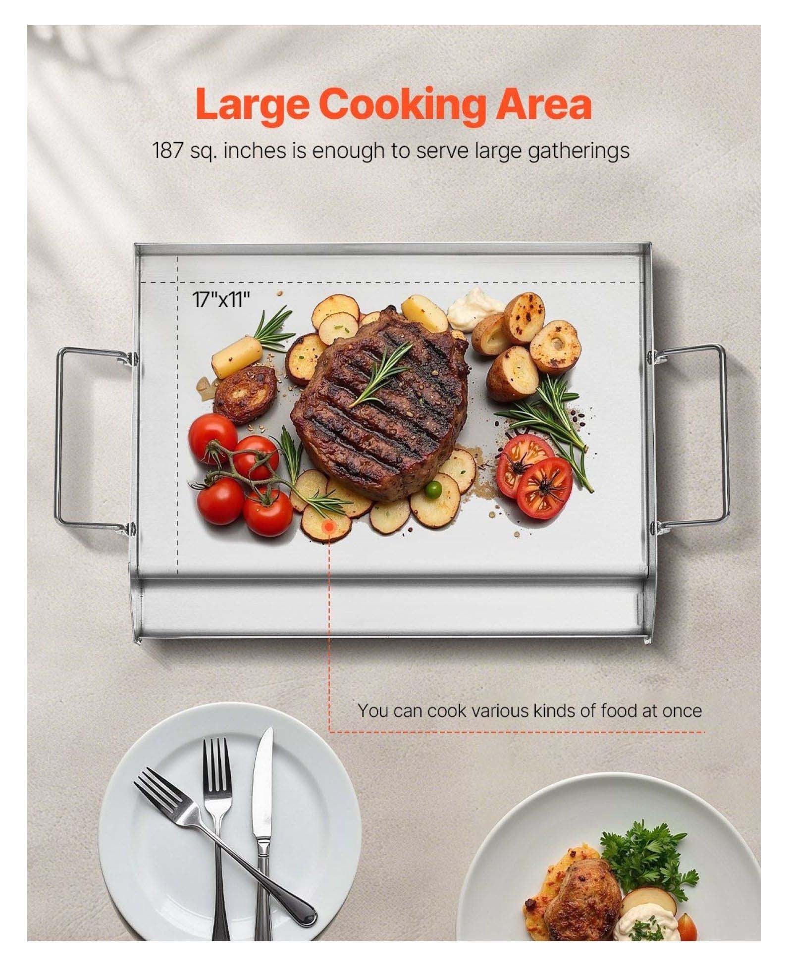 Stainless Steel Griddle 17x13 Inch - Universal BBQ Grill Pan - Flat Top Griddle for Gas, Electric & Induction Cooktops - Heavy Duty Cookware