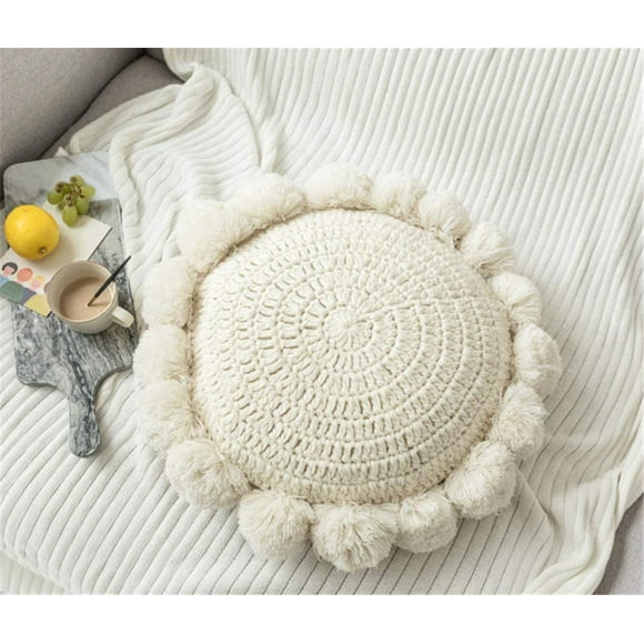 Round Boho Cushions with Pompoms, Macrame Cushions Floor Cushions Woven Throw Pillows Round, Pouf, Pouffe Home Sofa Decor (Beige)