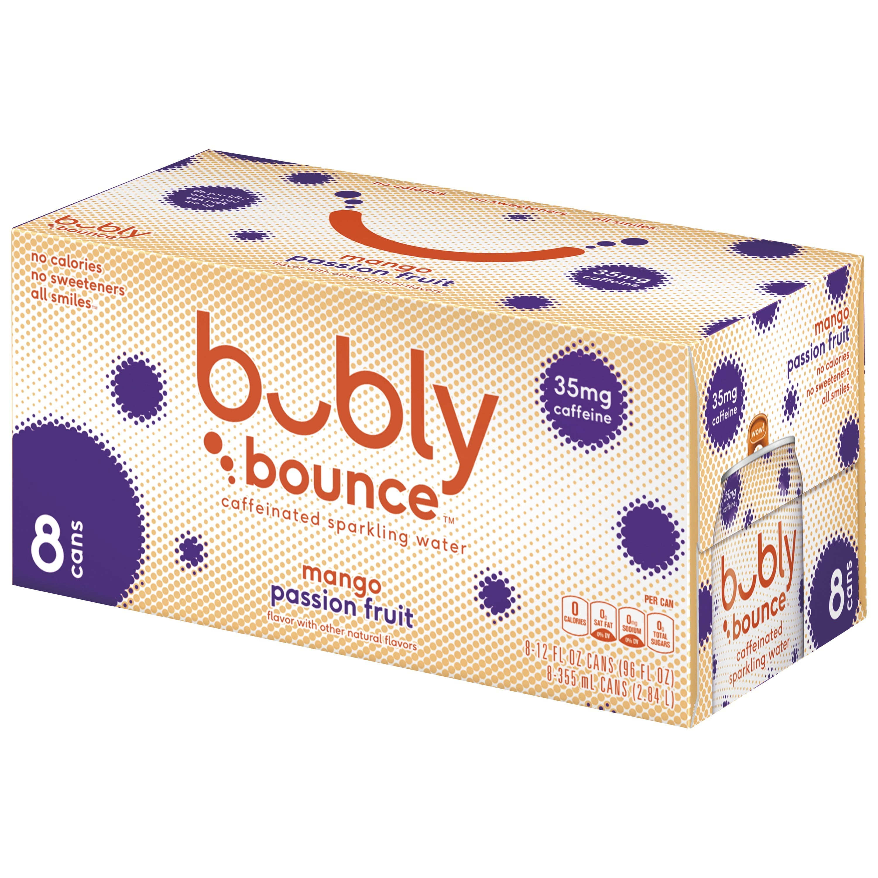 Bubly Bounce Caffeinated Mango Passion Fruit Flavored Sparkling Water, 12 oz, 8 Pack Cans