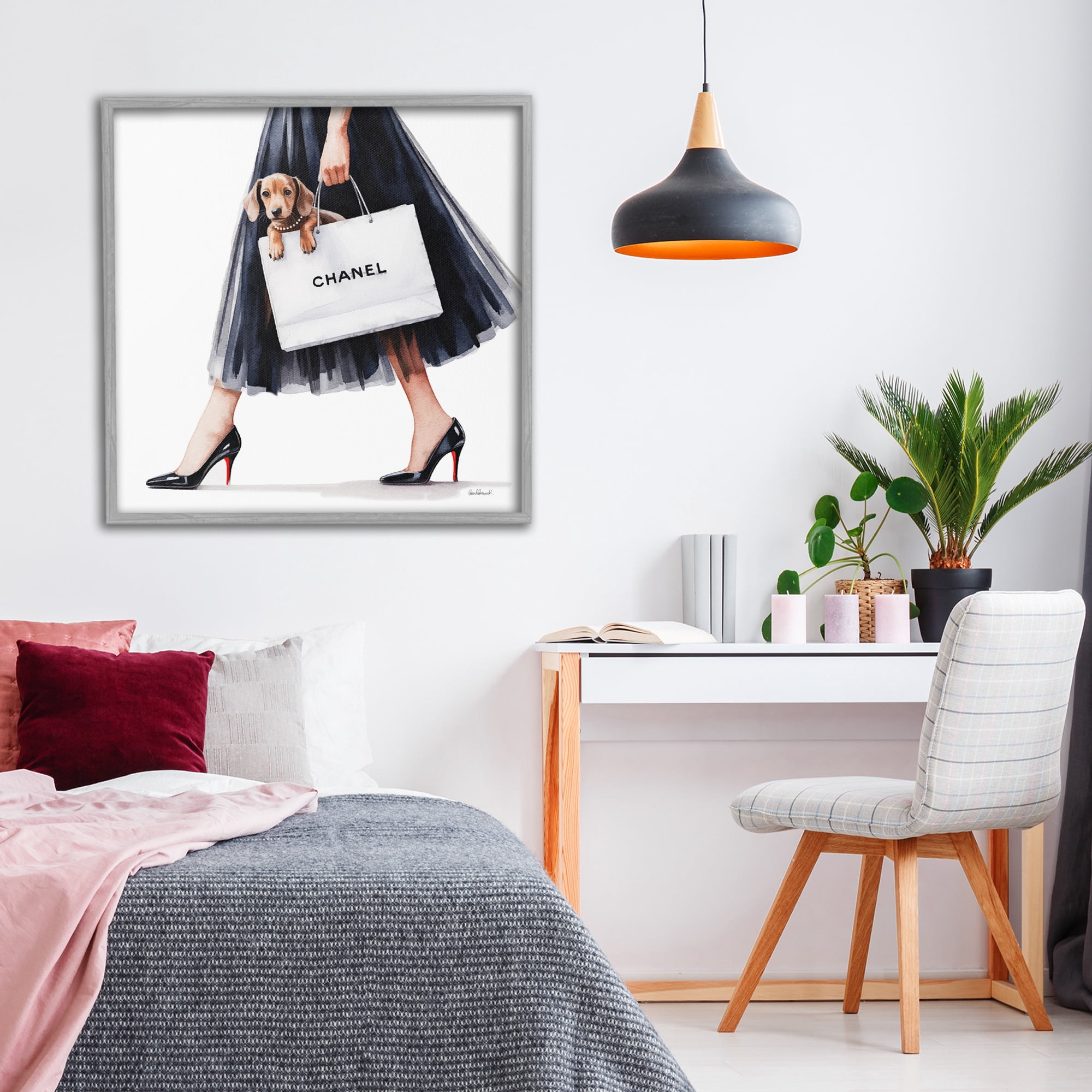 Stupell Industries Elegant Dog & Shopping Bag Gray Framed Giclee Art, design by Amanda Greenwood