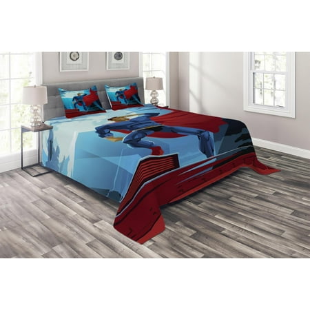 Superhero Coverlet Set, Retro Cartoon Character Hero Saving People from Evil Strong Muscular Man with Cape, Decorative Quilted Bedspread Set with Pillow Shams Included, Blue Red, by Ambesonne