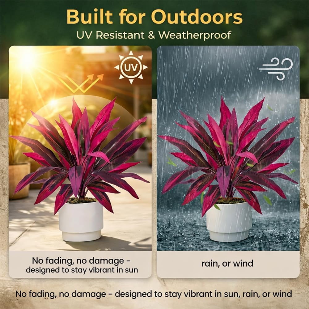 Large Realistic Artificial Boston Fern & Dragon's Blood Tree Artificial Turf UV Resistant Red Cordyline Ti Plants Red/Pink Vibrant Purple Leaves Faux Fake Ferns Shrubs Outdoor Garden Decor