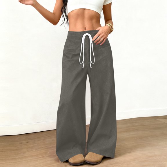 Womens Solid Color Elastic Waist Suede Wide-Leg Pants Side Pockets Stretchy Comfy Soft Fabric Casual Relaxed Fit Daily Office Weekend Fall Winter Fashion Ladies Outfit Gray L