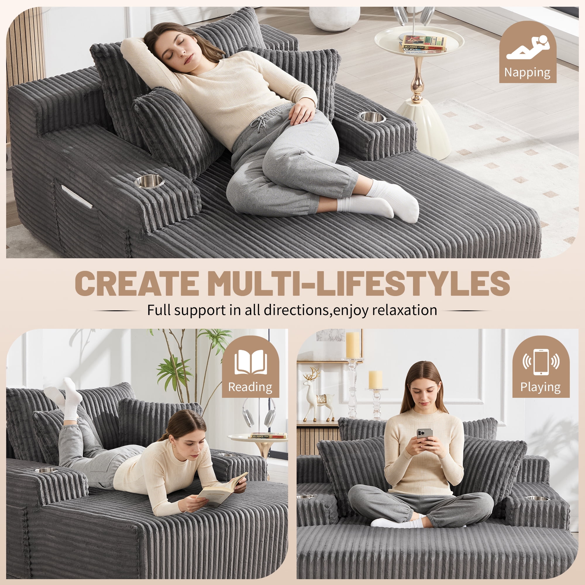 Chaise Lounge Chair Indoor, Oversized Corduroy Upholstered Boneless Sofa with USB & Type C, Deep Seat Sleeper Couch Reading Chairs with Pillows, Pre-assembled Corduroy Sofas Couches Living Room