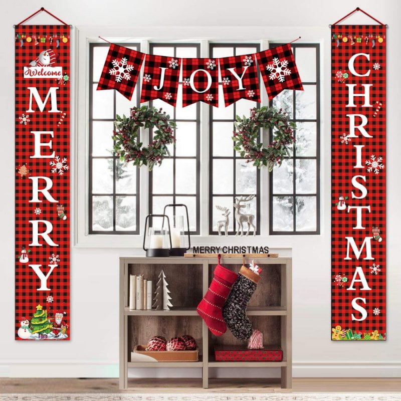 Buffalo Plaid Golden Porch signs for Christmas Decor DAZONGE Outdoor Christmas Decorations Porch Banners Happy New Year & Merry Christmas Front door