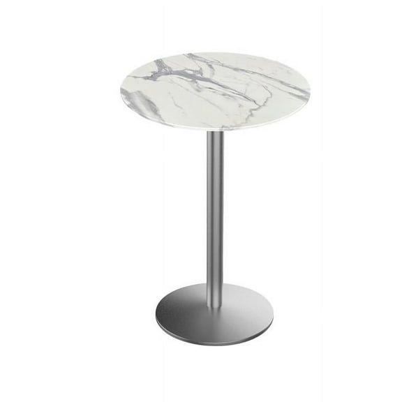 Indoor/Outdoor 42" Tall OD214 Stainless Steel Table Base with 22" Diameter foot and 32" Diameter Indoor/Outdoor White Marble Top by the Holland Bar Stool Co.