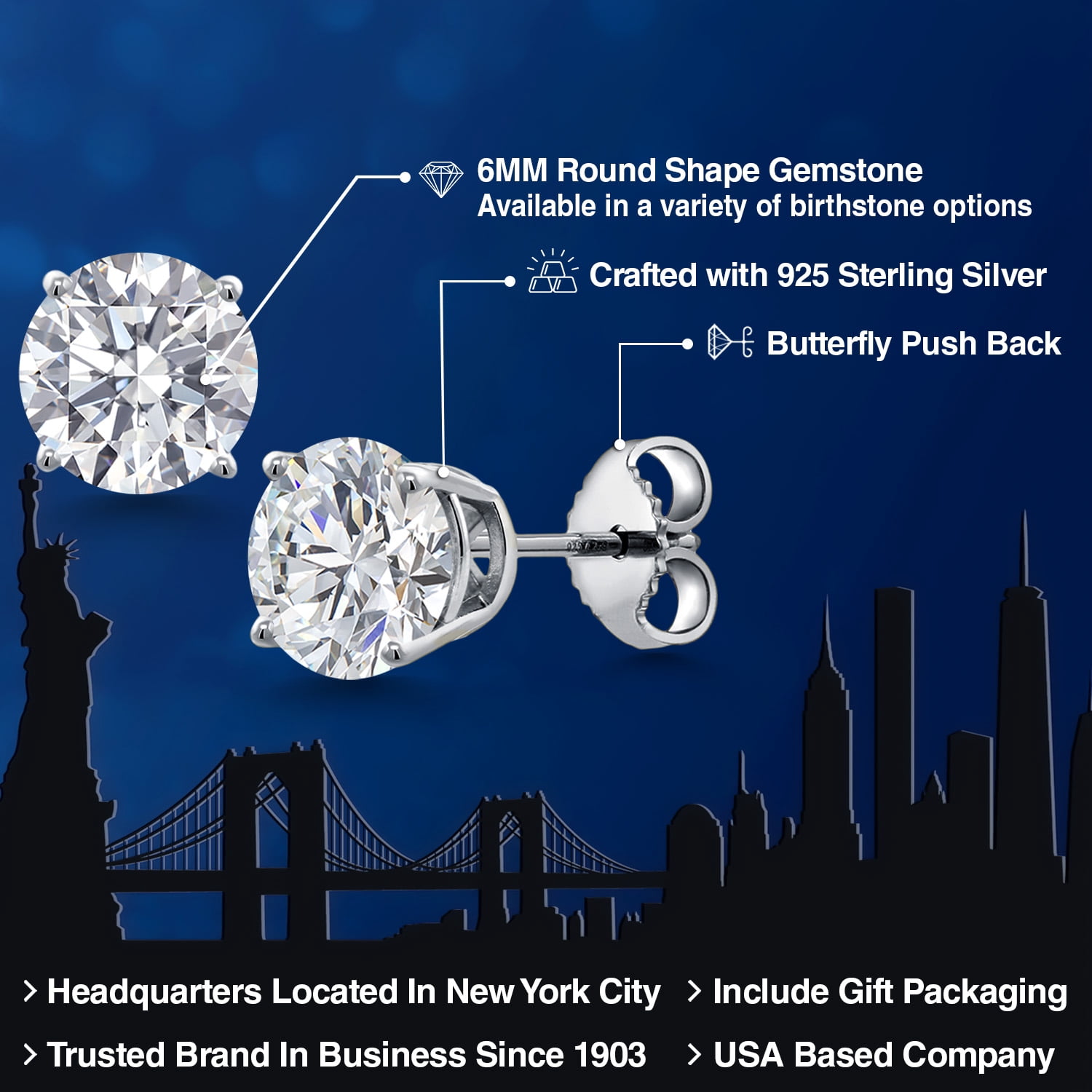 Gem Stone King 925 Sterling Silver Lab Grown Diamond Stud Earrings for Women | 1.48 Cttw | Gemstone April Birthstone | DEF Color | VVS-VS Clarity | Round 6MM