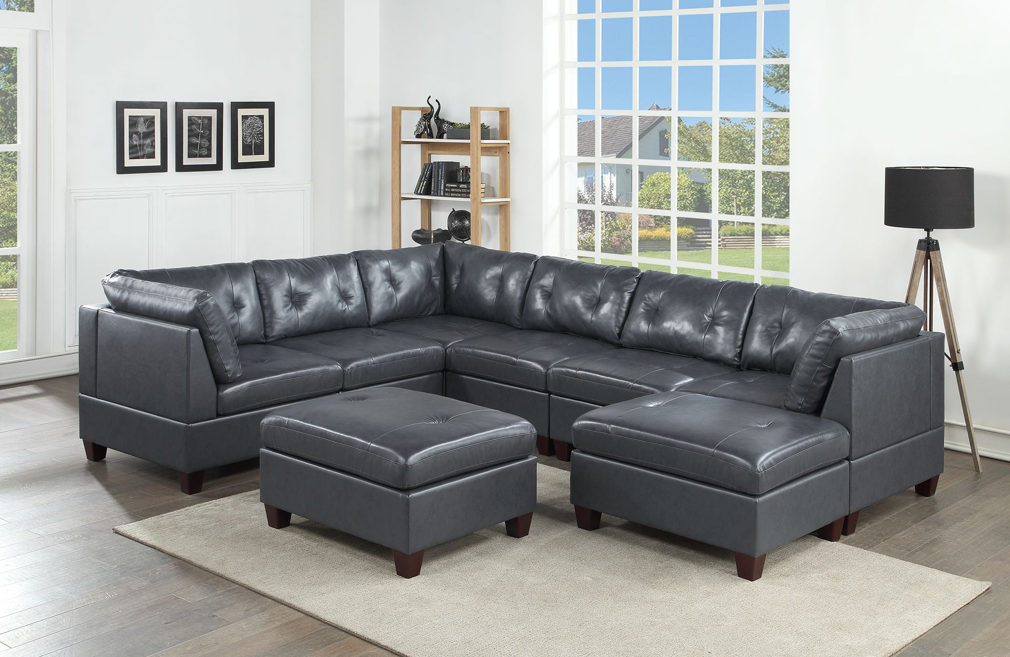 Black Top Grain Leather 8pc Sectional Sofa Living Room Furniture Large