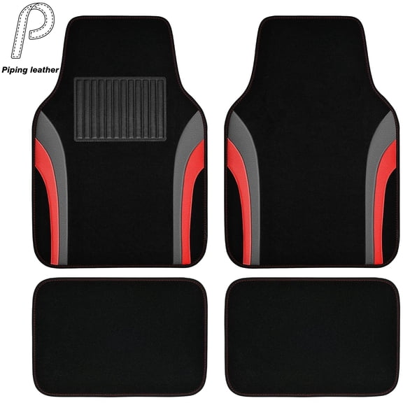 Piping leather Leather Sporty Car Floor Mats Carpet, Universal Waterproof Automotive Floor Mat Fit for Sedans, Cars, Mid Trucks, Vans, SUV, Set of 4 Black Red