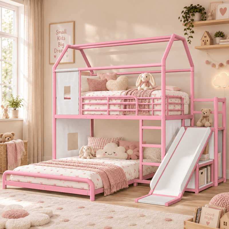 Twin over Full Metal Bunk Bed with Slide, Ladder, LED Light Strip, Privacy Curtain, Movable Storage Cabinet & Hanging Rod, House Shaped Kids Bunk Bed