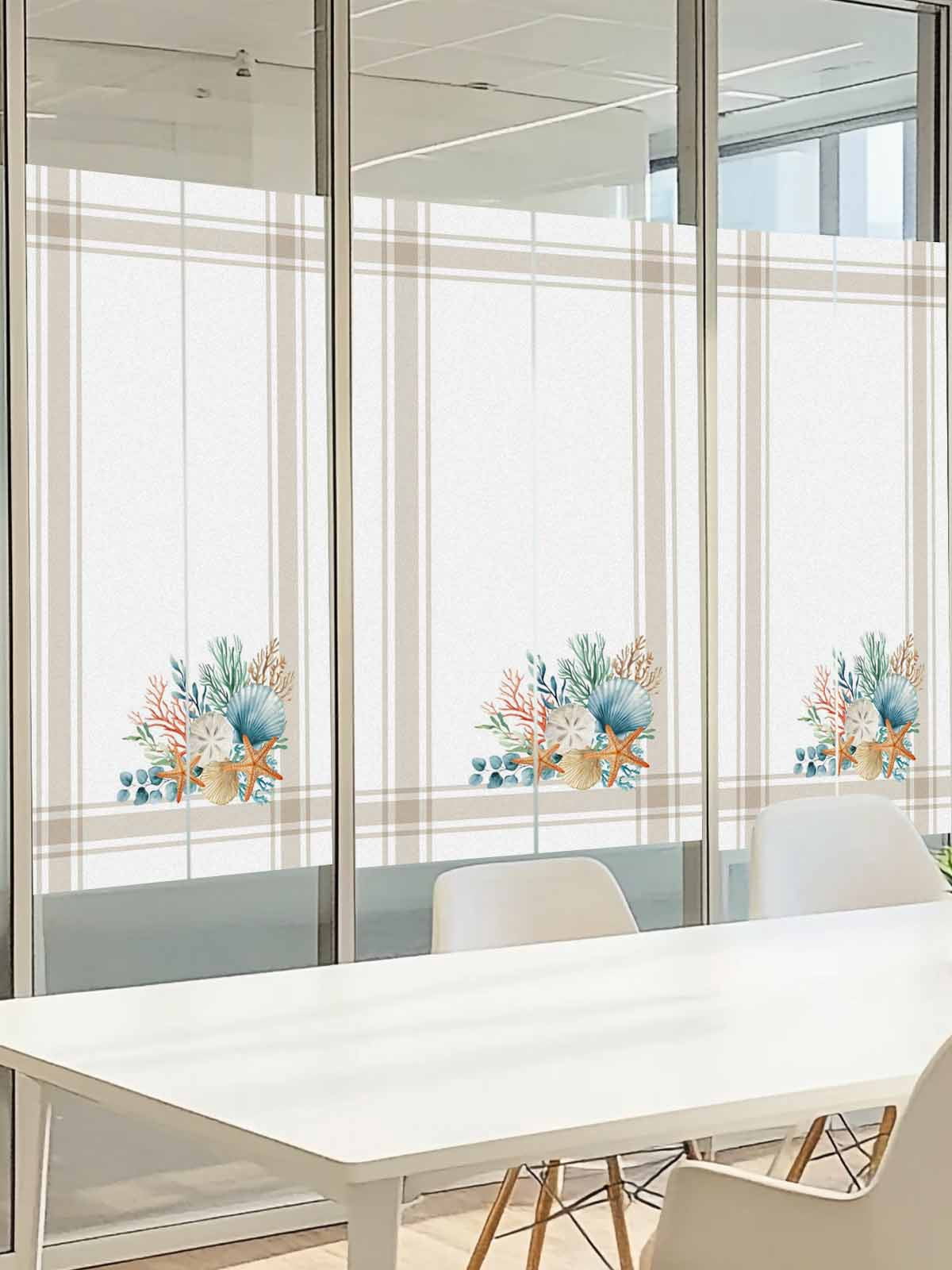 Marine Life Window Privacy Film, Starfish Shell Coral Brown Striped Eucalyptus Leaves Frosted Glass Window Clings Static Cling UV Heat Blocking Reusable Door Sticker for Bathroom 29.5 x 118 Inch