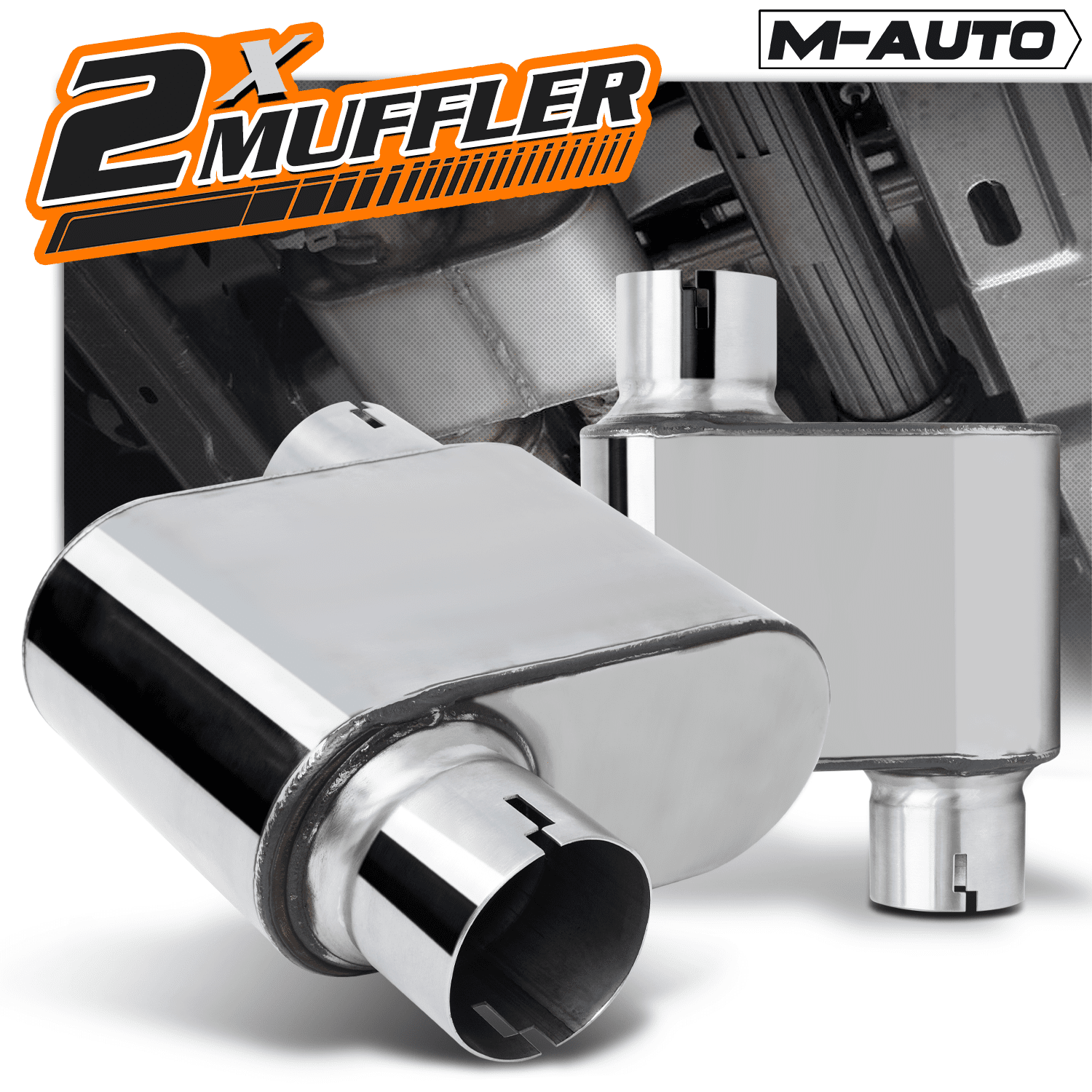 M-AUTO 2.25 Inch Inlet/Outlet 1Pair Chambered Exhaust Muffler Straight-Through Stainless Steel Round Tip,Chrome