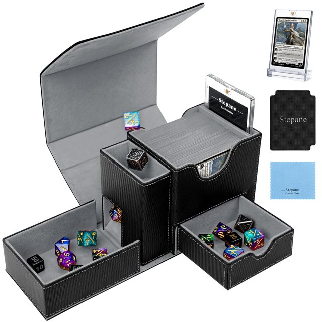 Deck Box, bandeja de dados y torre 2 en 1 para MTG Commander, color negro y gris