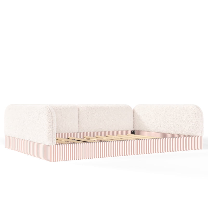 Queen Size Upholstered Floor Daybed Frame for Kids, Half-Enclosed Montessori Platform Bed with 3-Sided Surrounding Guardrails