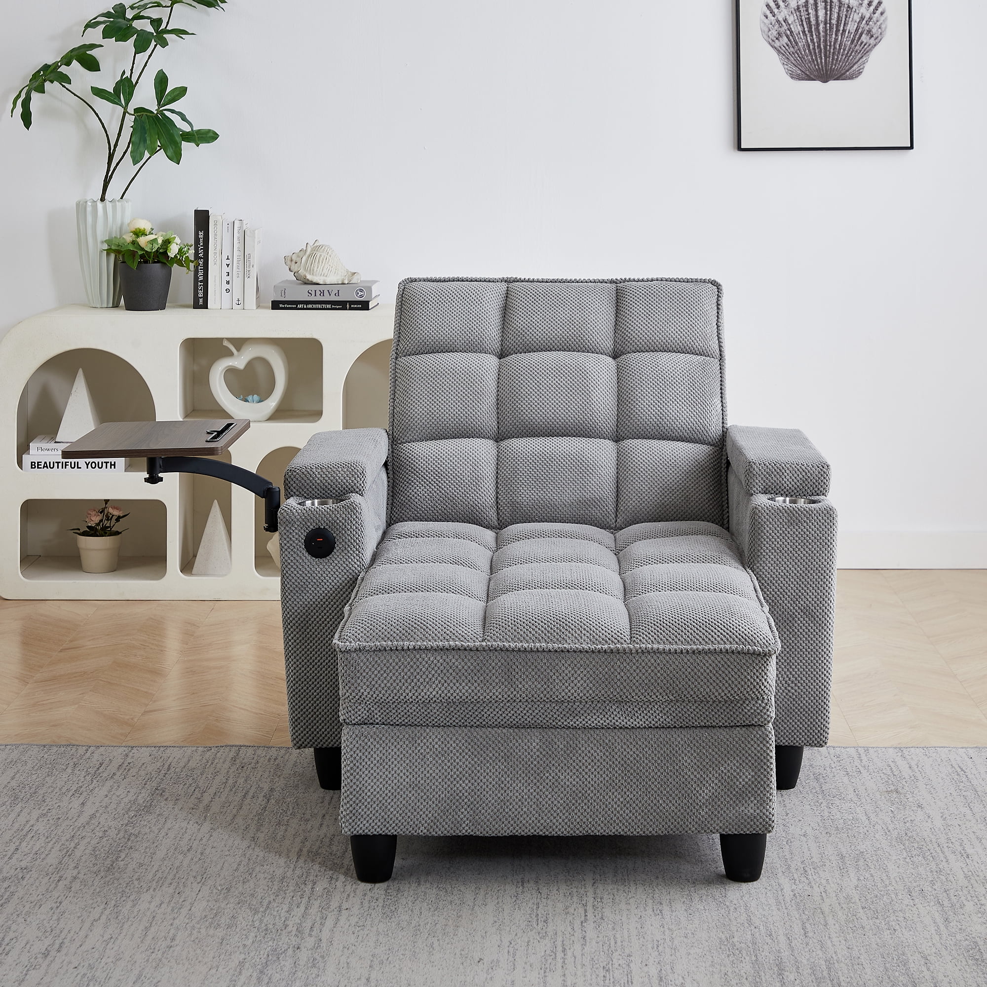 Gewnee 3-in-1 Convertible Sleeper Chair, Pull Out Single Sofa Bed with Adjustable Backrest, 360° Swivel Side Table, USB Charging Ports & Cup Holders, Ideal for Dorms & Offices, Light Gray