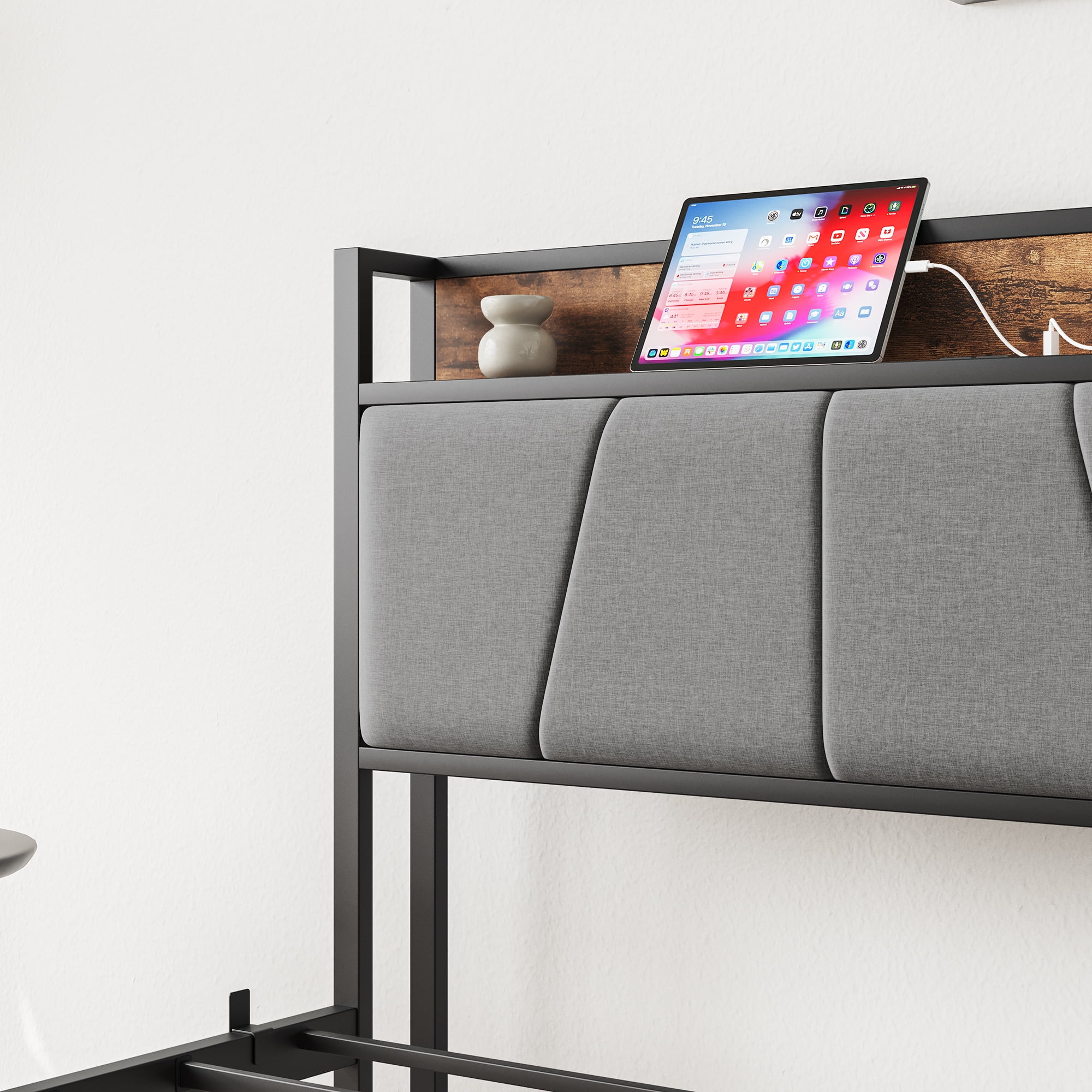 Miniyam Twin Size Upholstered Bed with Storage Headboard & Charging Station for Adult, Brown