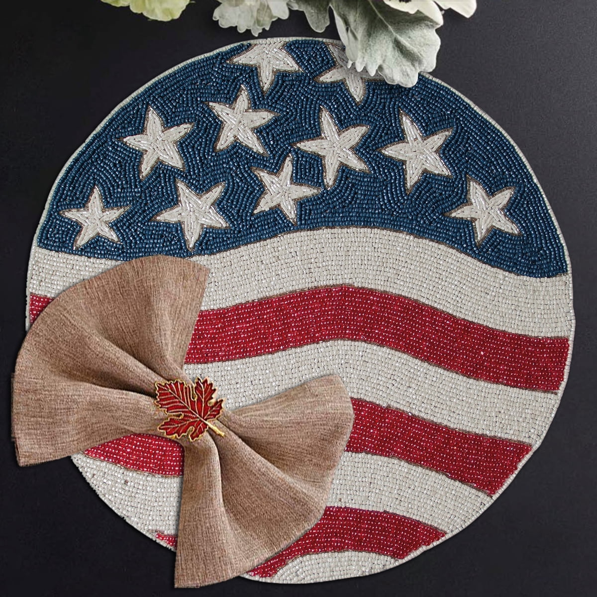 American Flag Beaded Placemats Set of 8 - 4th of July Patriotic Freedom Stars Independence and Memorial Day Heat Stain Resistant Table Place Mats for Kitchen Dining Table Home Decor - 14 Inches