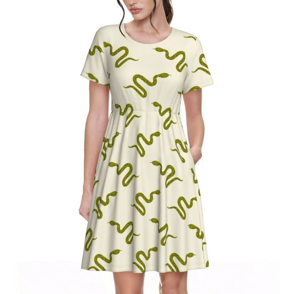 Saiise Green Snake Pattern Summer Dresses for Women Casual Tshirt Short Sleeve Floral Sundress Beach Cover Ups with Pockets