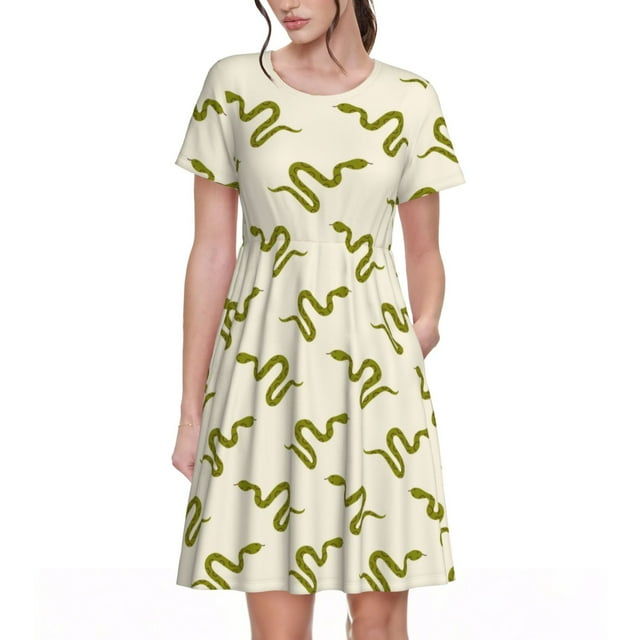 Saiise Robe d'Été à Motif Serpent Vert pour Femmes, T-Shirt Décontracté à Manches Courtes, Robe Soleil Fleurie, Couvre-Maillot de Plage avec Poches