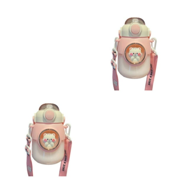 Cateissary Botellas de agua con pajita para niños, 820ml, a prueba de fugas, portátiles, de plástico, para beber, de dibujos animados, para Rosa 820ml 2Conjunto