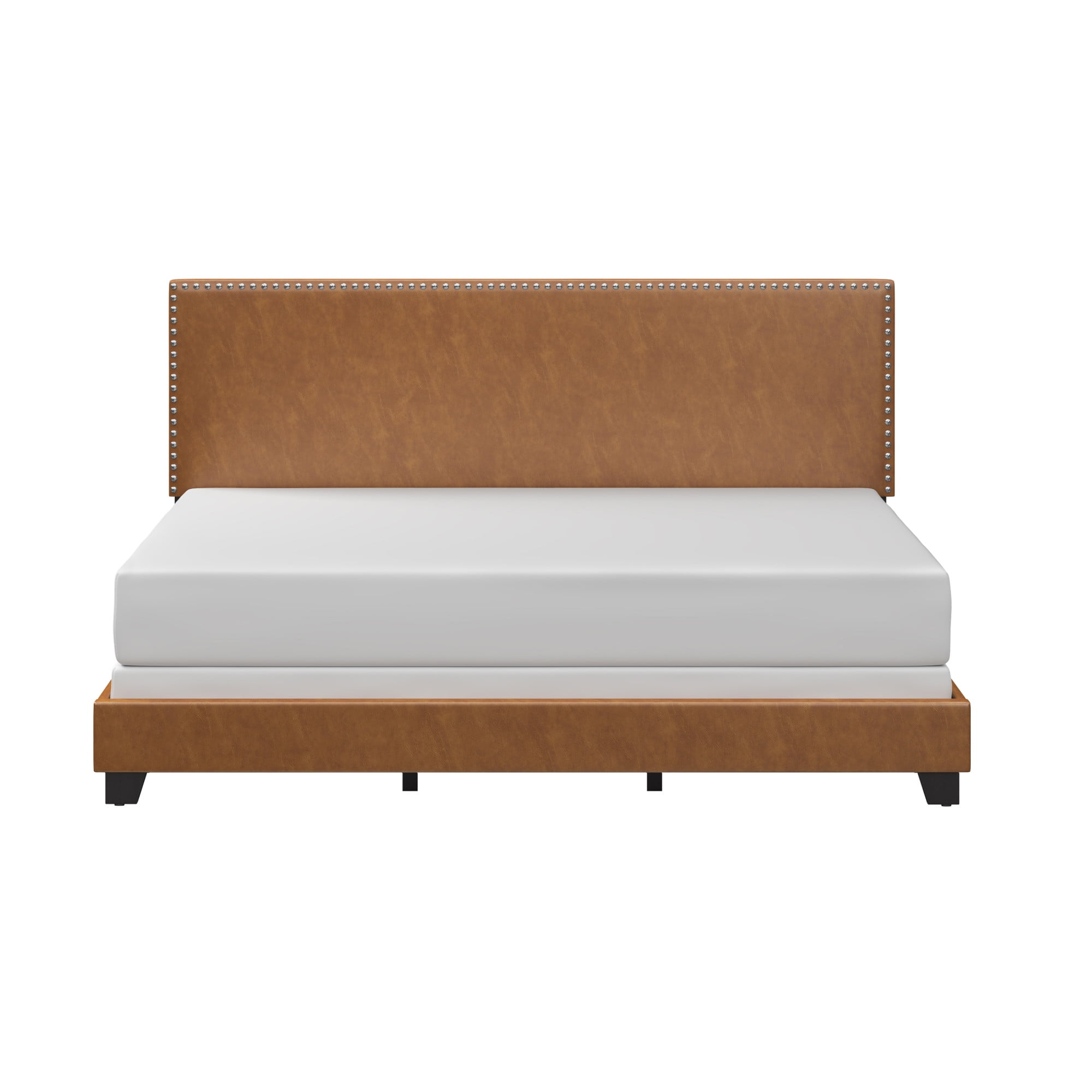 Willow Nailhead Trim Upholstered King Bed, Saddle Brown Faux Leather ...