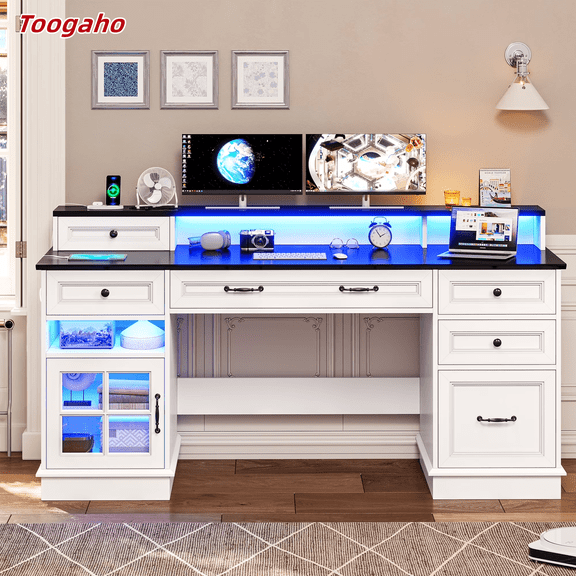 Toogaho Executive Desk with File Drawer & Storage Cabinet, Computer Desk with Charging Station & LED Lights,with Monitor Stand, Home Office Desk,Writing Desk White