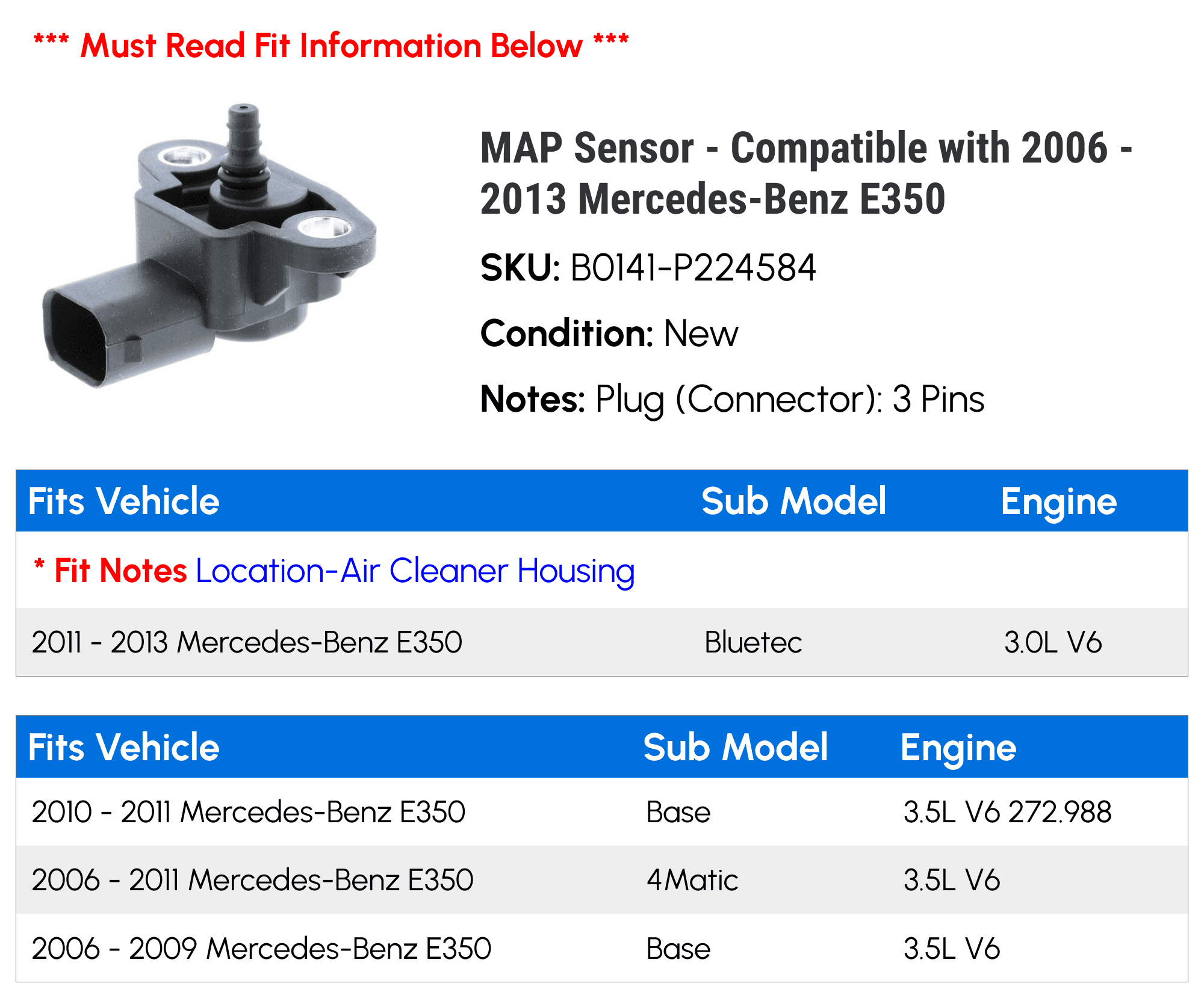 MAP Sensor - Compatible with 2006 - 2013 Mercedes-Benz E350 2007 2008 2009 2010 2011 2012