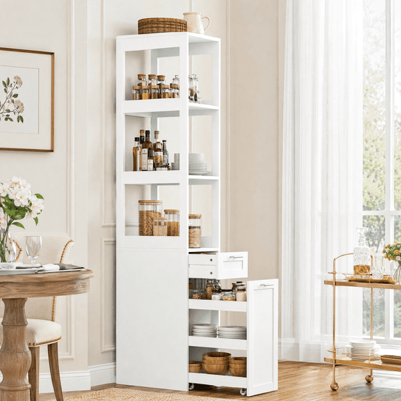 Homfa 71" Tall Kitchen Pantry Storage Cabinet with Rolling Storage Cart, Floor Cupboard Cabinet with 3 Tier Open Shelves & 1 Drawer for Small Space, White