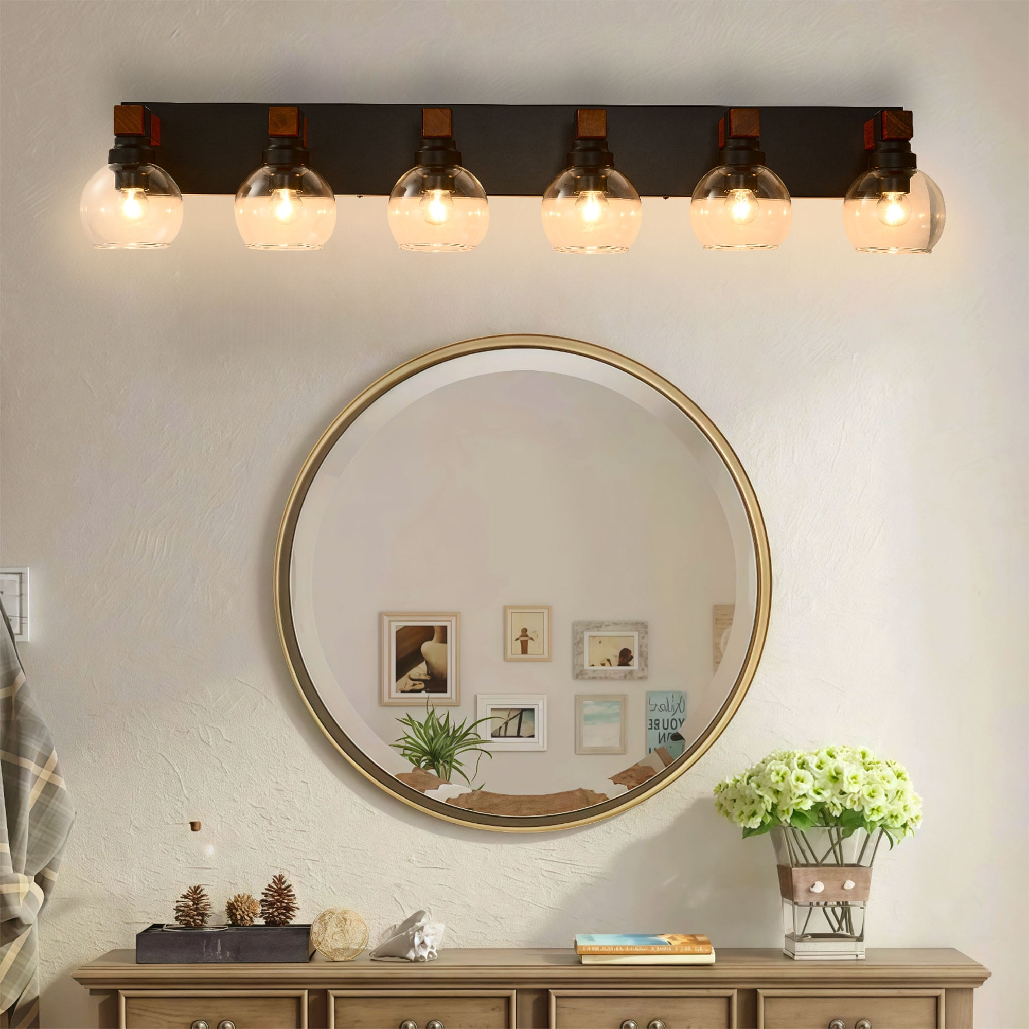 6 Light Bathroom Vanity Light Fixture,Black and Gold Bathroom Finish Over Mirror,Farmhouse Wall Sconces with Clear Glass Shade for Living Room Bedroom