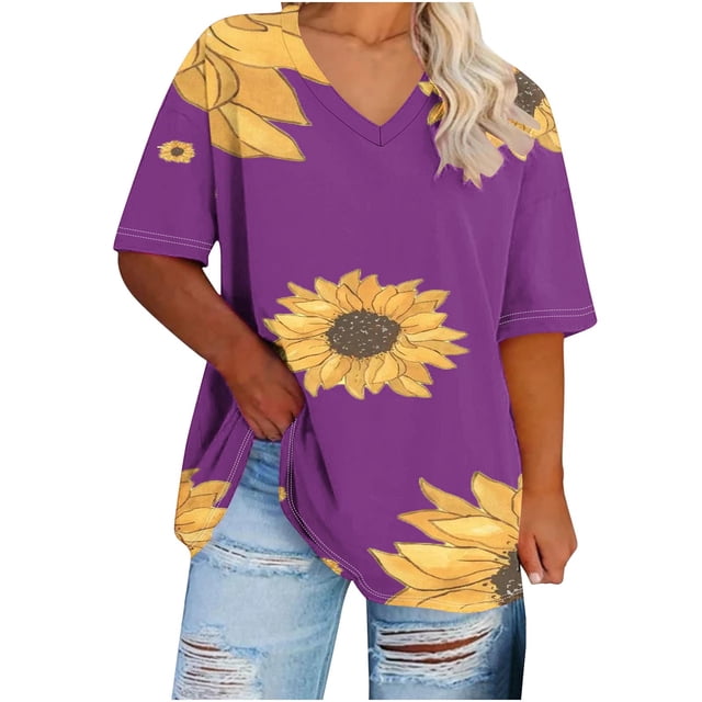 Camisetas Casuales de las Mujeres de Manga Corta de Cuello en V Oversized Camiseta Deportiva de Verano, Top Impreso Casual
