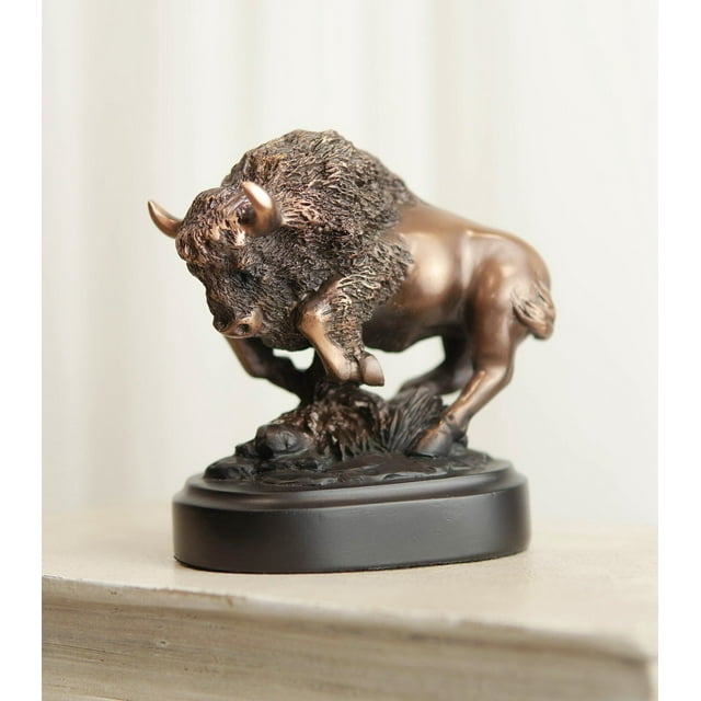 Western Charging American Buffalo Bison Small Bronze Patinated Resin Figurine