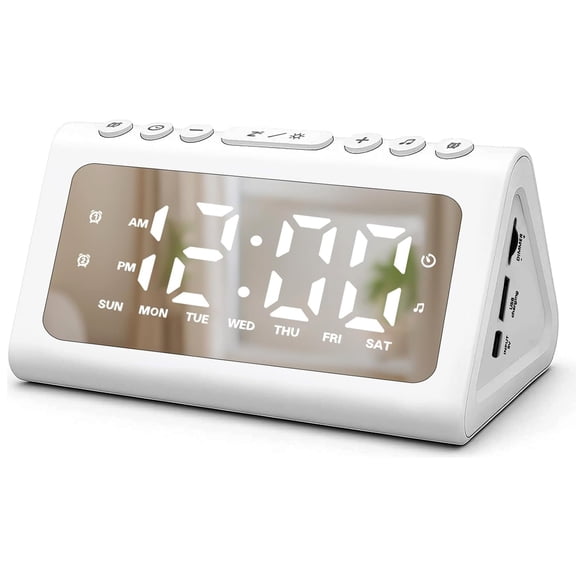 DAYBETTER Digital Alarm Clock, Mirrored LED Display, Dual Alarms, 4 White Noise Settings, Adjustable Brightness for Bedrooms, Offices, Travel (White)