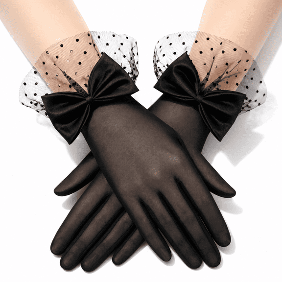 Women Lace Gloves with Bow - Short Mitten Elegant Accessories for Wedding Tea Party 1920s Vintage Costume