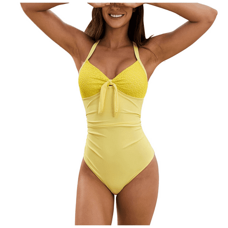 Fulorrnie One Piece Swimsuit for Women Plus Size Adjustable Straps V Neck Ruffled Bathing Suit Plunge Swimwear Yellow M