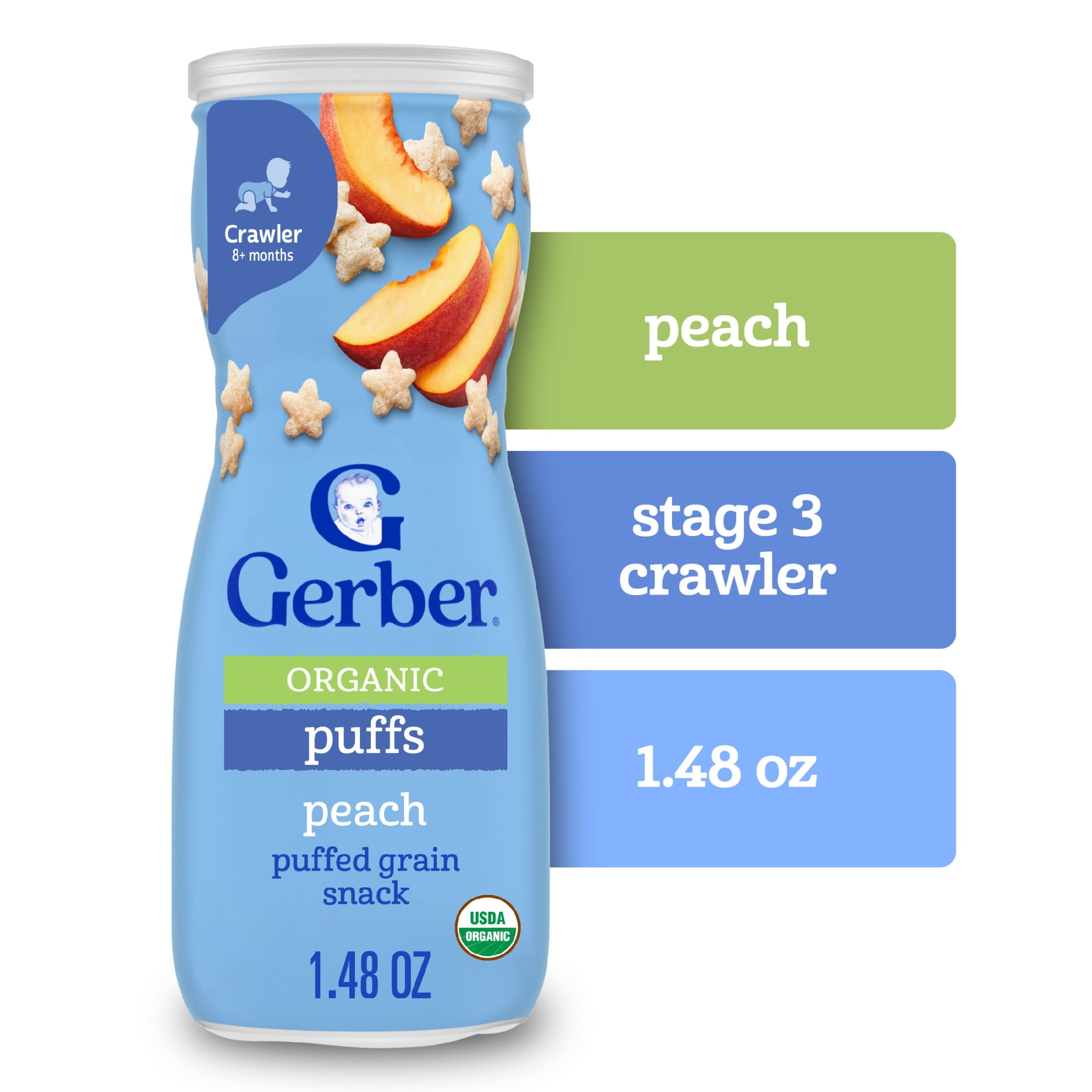 (4 pack) Gerber Stage 3 Baby Snacks, Organic Peach Puffs, Puffed Grain Snack, Baby Led Feeding 1.48 oz