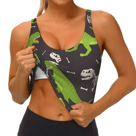 Qokaie Dinosaur Skeleton Pattern Womens Scoop Neck Sports Bra Breathable Workout Vest Padded U Back Medium Impact Fitness Gym Yoga Bra Workout Crop Top