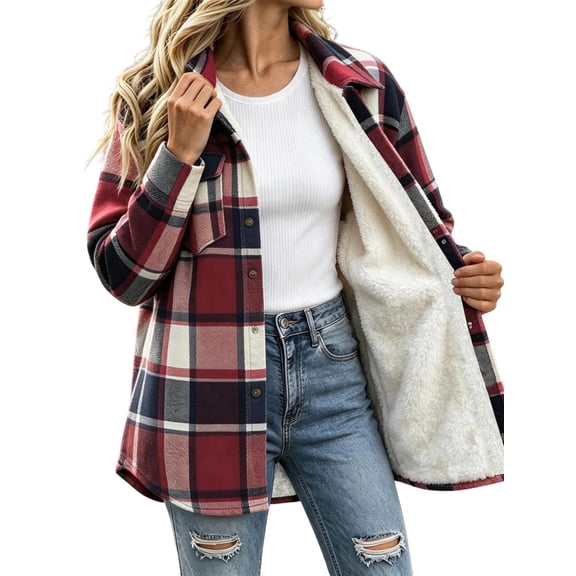 Sevevn Women Plaid Fleece‑Lined Shacket Jacket Button‑Down Sherpa Lined Flannel Shirt Coat with Chest Pocket Winter Outerwear Wine 2XL