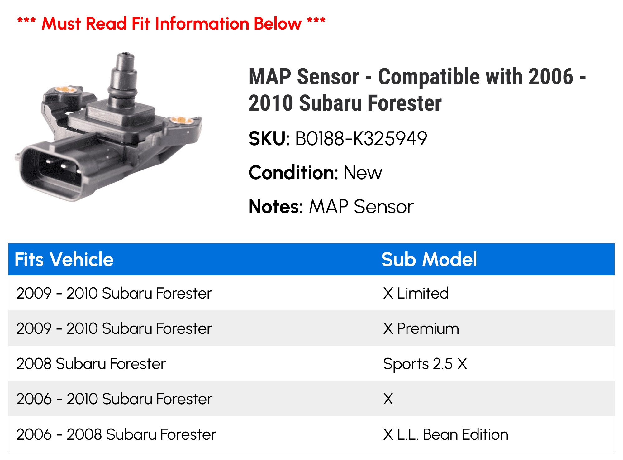 MAP Sensor - Compatible with 2006 - 2010 Subaru Forester 2007 2008 2009